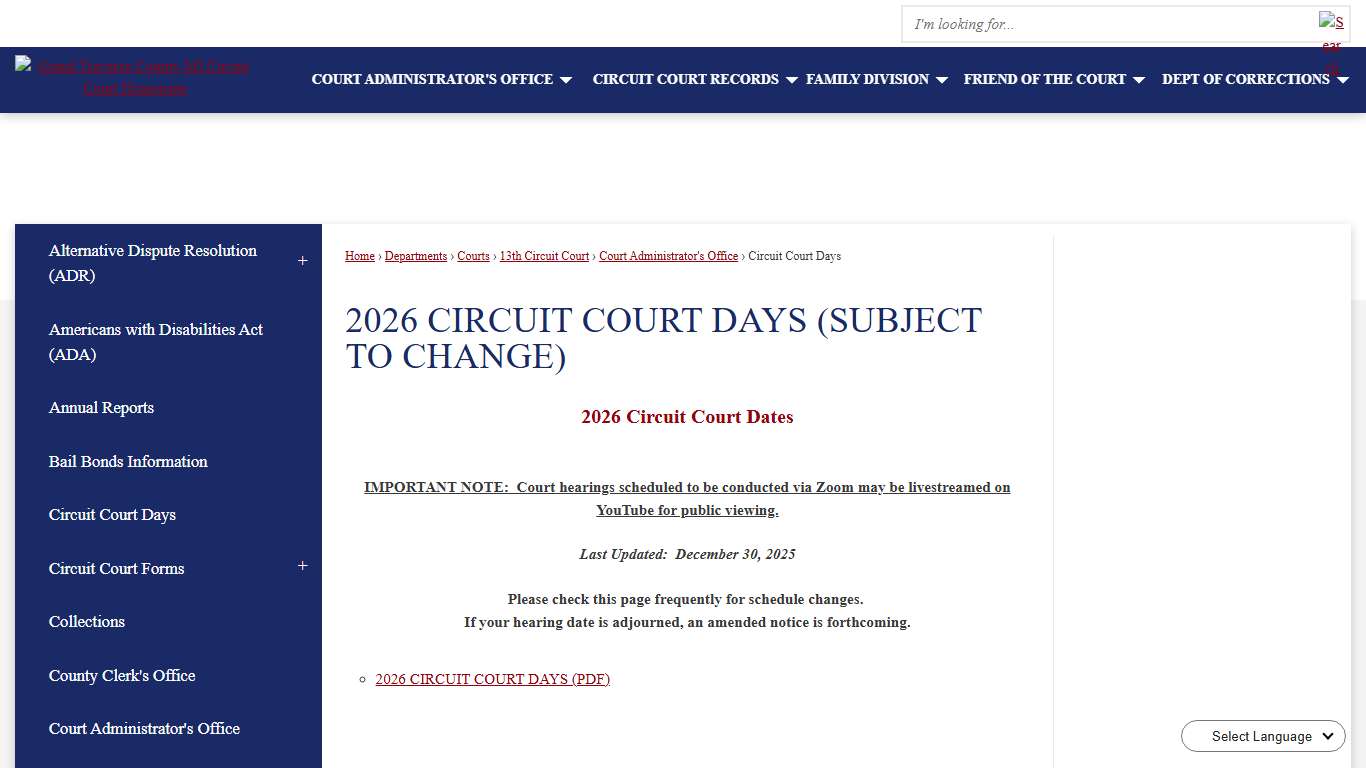 2026 CIRCUIT COURT Days (Subject to Change) | Grand Traverse County, MI